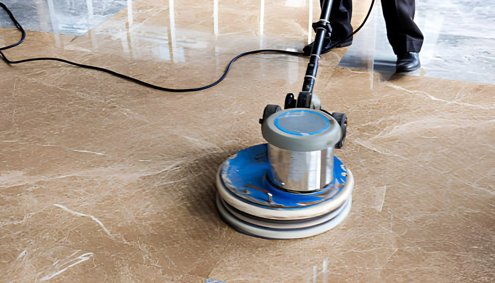 Professional floor polishing machine cleaning marble tile flooring indoors