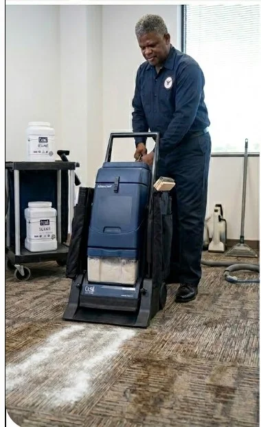 Professional using carpet cleaning machine in office hallway