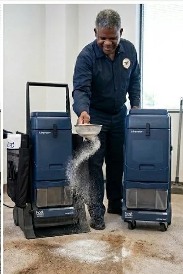 Professional cleaning technician operating carpet extraction machine on floor